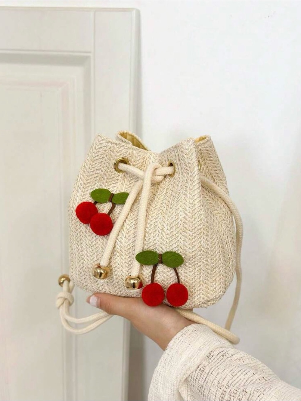 Cherry Cream Drawstring Bucket Bag